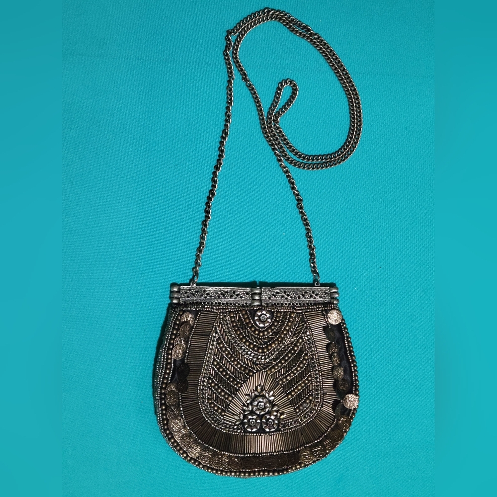 Free People Metallic Beaded Bohemian Crossbody Bag With Silver Chain